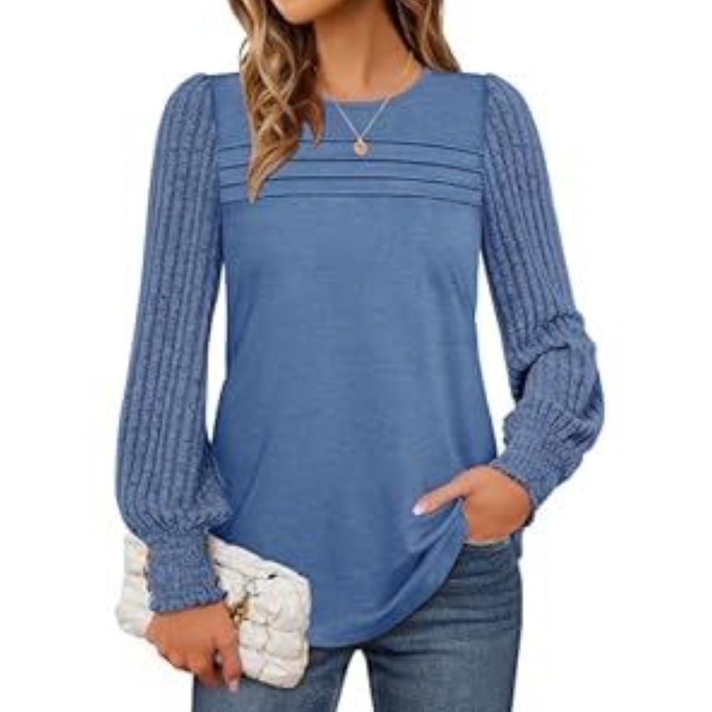 Cakrisyal Womens Long Sleeve Pintuck Blouse Blue Tunic Top Smocked Cuff Small